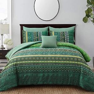 Boho Green Comforter Set Queen Size,8 Piece Bed in a Bag Bohemian Striped Bedding Quilt Set,Dark green Paisley Floral Comforter and Sheet Set,Soft Microfiber Complete Bedding Sets for All Season