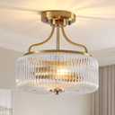 11.4" Semi Flush Mount Ceiling Light,2 Lights Modern Gold Ceiling Light Fixture Chandelier with Glass Shade,Gold Drum Ceiling Lighting Fixtures for Dining Room Hallway Entryway Bedroom Foyer