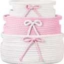 Breling 3 Pieces Pink Bow Baskets Coquette Bow Cotton Rope Storage Basket Pink Woven Gift Baskets Laundry Hamper Rope Bin with Handles for Decoration Organization Storage for Nursery, Pet Toy Basket