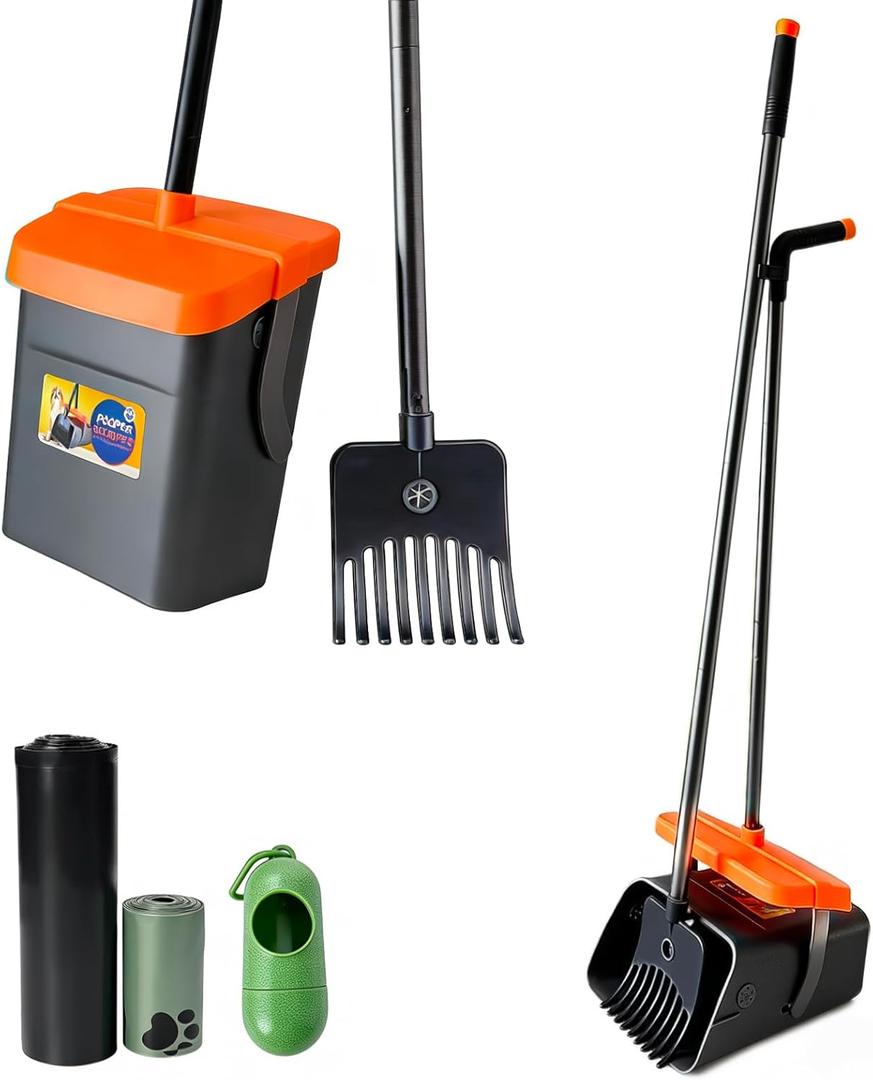 46" Pooper Scooper Swivel Bin & Rake for Large Small Dogs with Bag Attachment, Long Handle Poop Scooper with Lid for Yard (Orange)