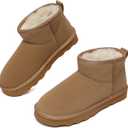 Women's Genuine Suede Winter Mini Boots Water Resistant Snow Booties with Cozy Faux Fur Lining Anti-Slip Memory Foam Insole Lightweight Pull On Ankle Boots Outdoor, Size 8.5 (Beige)