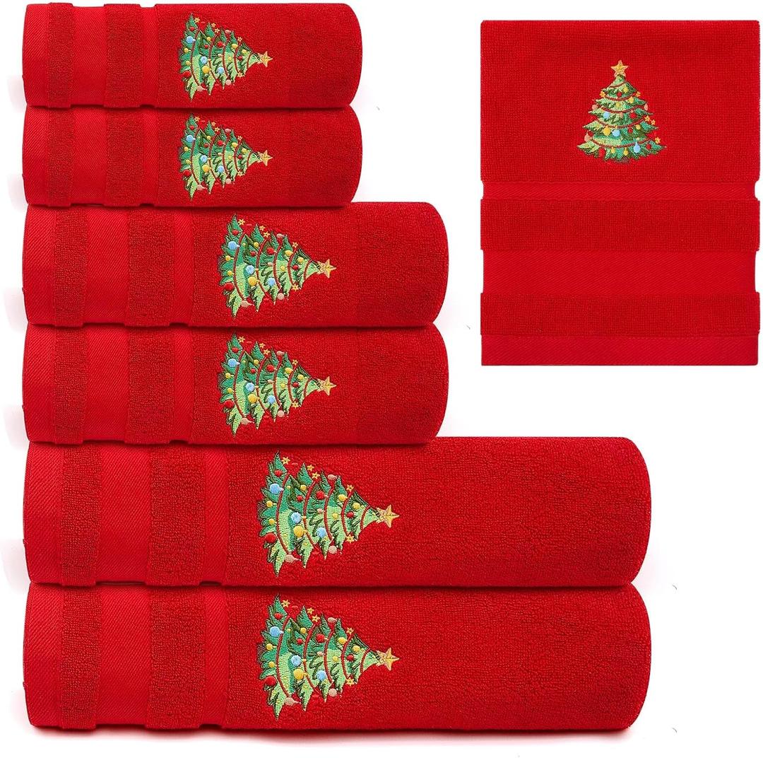 Peryiter 6 Pack Cotton Christmas Bath Towels Set Red Christmas Tree Towels Bathroom Set, Soft and Absorbent, Contains 2 Bath Cloth, 2 Hand Cloth and 2 Washcloths