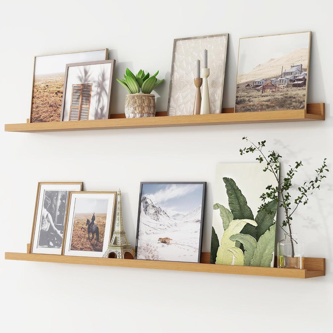 Picture Ledge Shelf, Floating Shelves Set of 2, 48 Inches Long Large Nursery Book Shelves for Toys Storage, Kids Bookshelf Wall Mounted for Living Room Bedroom Decor Books Photo Frames, Natural Oak