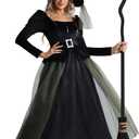 Womens Green Witch Costume Long Dress for Halloween, Cool Gothic Floor-Length Gown with Sleeves, Cosplay Party Outfit (M)