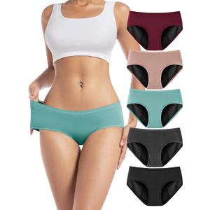 TIICHOO Period Underwear for Women Heavy Flow Soft Menstrual Panties Teens Ladies Leakproof Incontinence 5 Pack (1 Black/1 Light Grey/1 Burgundy/1 Rose Gold/1 Turquoise Green, XX-Large)