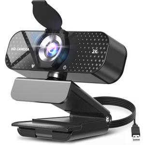 2K HD Webcam with Auto Light Correction, Noise-Canceling Mic, Privacy Cover and Wide Angle Lens, Plug & Play USB Camera for Laptop/PC/Mac, Compatible with Zoom, Skype, Teams & Streaming Black