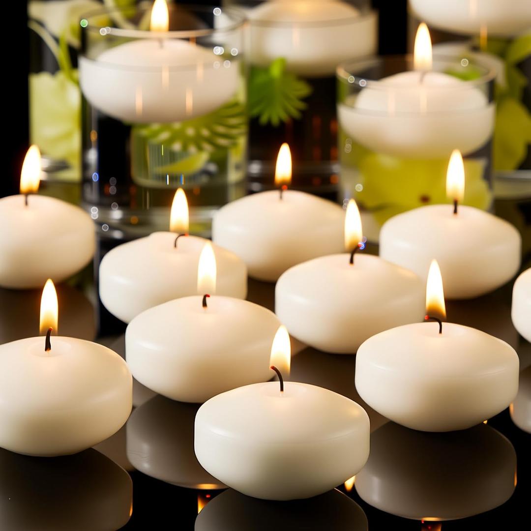 Crenovo Floating Candles Dripless, 5-6 Hour Clean Burn, 2 Inch Unscented Candles for Wedding, Party, Centerpieces, 48 Pack Water Candles Ivory Romantic Decoration