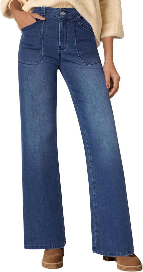 DLOODA Wide Leg Jeans Woman Stretchy High Waisted Straight Leg Jeans Loose Trendy Denim Pants with Pockets (Blue, L)