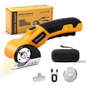 Rechargeable Electric Scissors, 4.2V Cardboard Cutter Electric with LED Light & Safety Lock, 3000mAh Battery & 2 SK5 Rotary Blades, Electric Box Cutter for Cardboard, Fabric, Leather, Plastic (Yellow)
