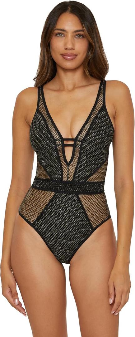 BECCA Color Play One Piece Swimsuit, Plunge Neck, Crochet, Bathing Suits for Women (Medium)