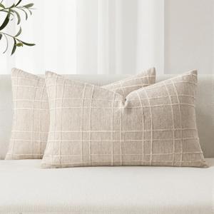 MIULEE Decorative Linen Check Lumar Throw Pillow Covers Neutral Farmhouse Vintage Pillow Covers 12x20 Set of 2 Boho Modern Home Decor for Sofa Couch Bedroom Cushion Natural Beige
