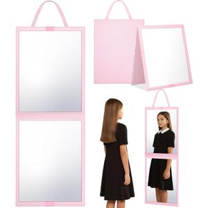Foldable Travel Portable Full Length Mirror, Dance Bag Hanging Mirror, Full Body Mirror for Dance, Camping, Travel, Dance Competition Must Haves Backstage Folding Hanging Mirror (Pink, 33*13 Inch)
