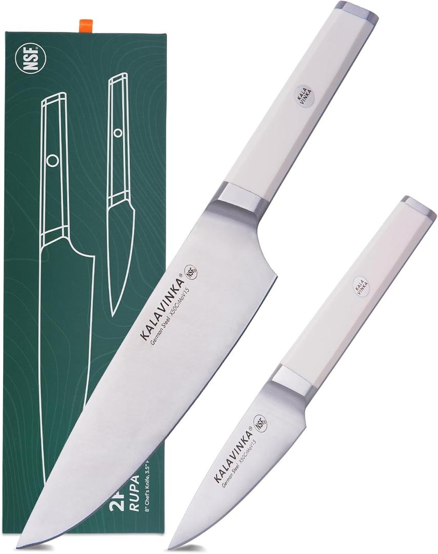 8 Inch Razor Sharp Chef Knife, High Carbon German Steel Blade with Comfortable Grip, Ideal for Meal Prep with Gift Box and 3.5 Inch Paring Knife, BBQ Knife (RUPA)