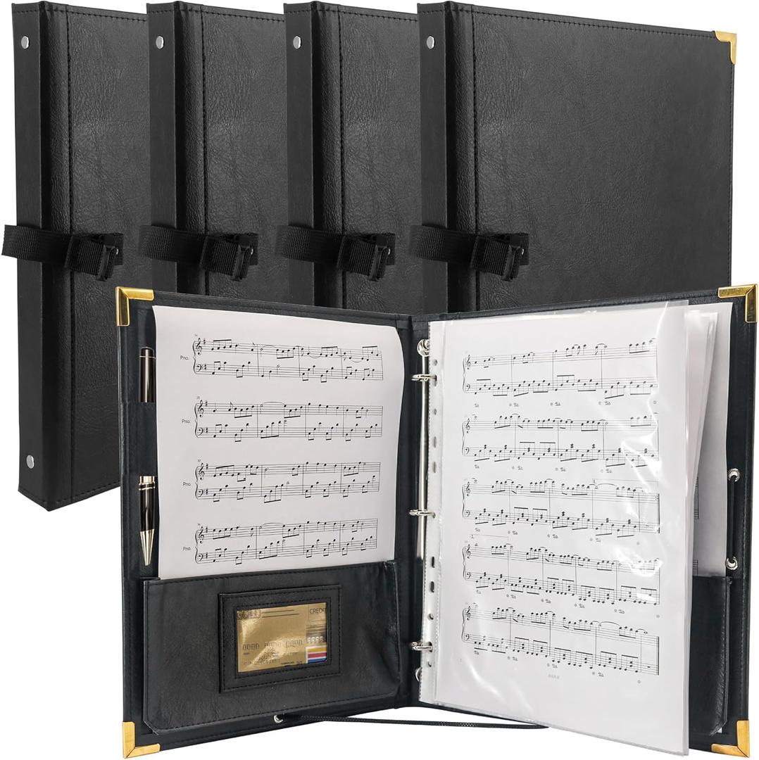 GraduatePro Sheet Music Choir Folder Black, 3 Rings Binder 12.5" x 10" Piano Music Binder with Elastic Band,10 Pockets for Sheets 8.5 * 11/A4, Pack of 5