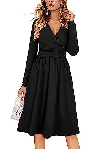OUGES Women's Fall Long Sleeve Dress Casual Wrap V Neck Flowy Midi Wedding Guest Dresses with Pockets Business Casual Work Teacher Outfits 2025(Black, XXL)