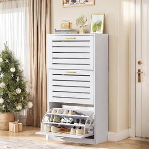VECELO Shoe Cabinet Storage for Entryway with 3 Flip Drawers Slim Hidden Free Standing Organizer for Narrow Hallway, Bedroom, Living Room, Large Capacity, Modern, White, 3-Shelf