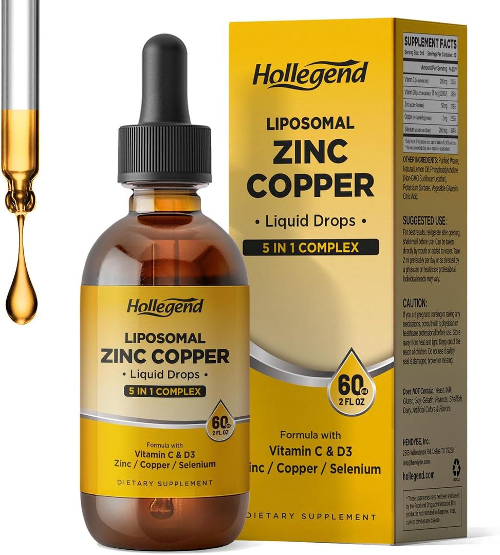 Liposomal Zinc Copper Liquid Drops, 50mg Zinc Picolinate with Copper, Selenium, Vitamin C&D3 for Immune & Thyroid Support, Fast-Absorbing Mineral Supplements for Men & Women, Blueberry, 2 Fl Oz