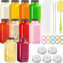 TUZAZO 10 Pack 8 Oz Glass Juice Bottles with Lids, Reusable Travel Drinking Jars Juice Containers, Glass Bottles for Juicing with Brush, Straws, Lids with Hole