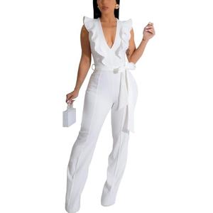 HBQ Womens Casual One Piece Jumpsuits Deep V-Neck Sleeveless Ruffle Elegant Romper Wide Leg Pant Sexy Party Clubwear Overalls-White-S