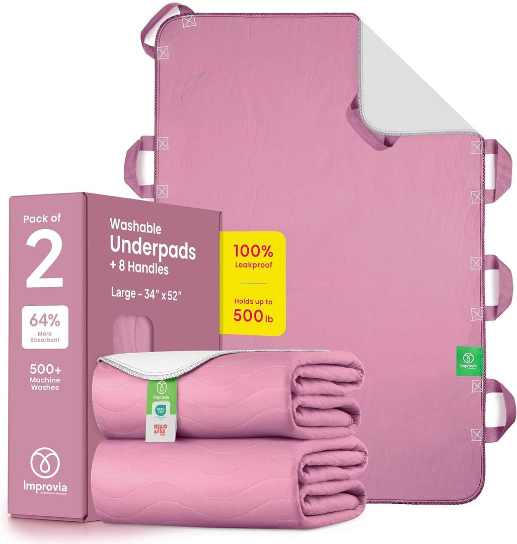 Improvia Positioning Bed Pad, with 8 Reinforced Handles, Quick-Drying, Washable, Waterproof, for Lifting, Turning, Transfering, Elderly and Incontinence Patients (Pink, Pack of 2)