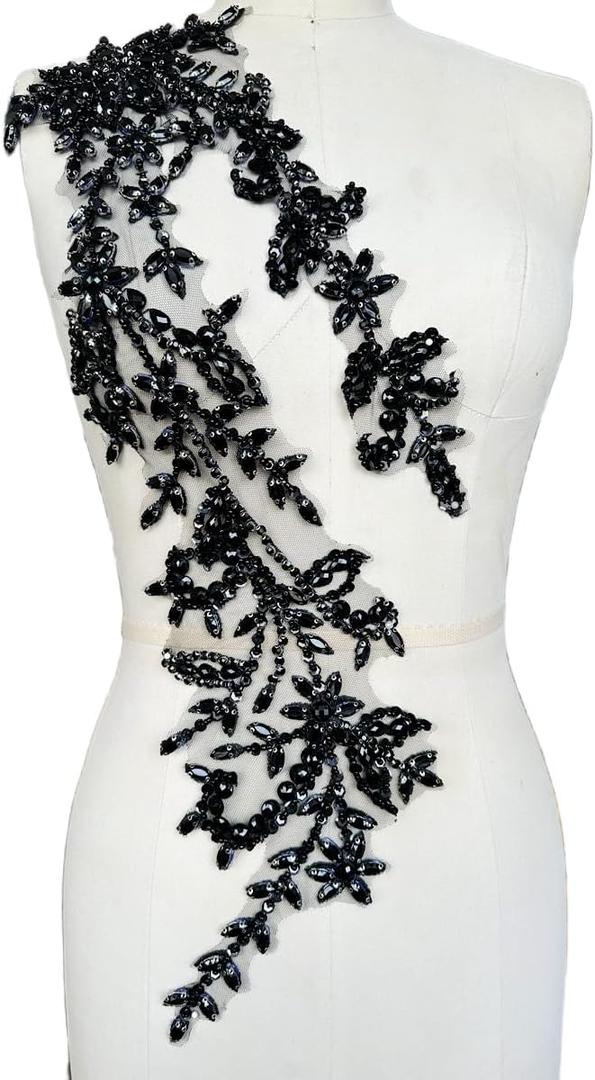 SaEyz Handmade Shining Acrylic Rhinestones on lace Applique Sequins Trimming Patches for Dress Clothing Accessories 4.3X23.6in (Black)