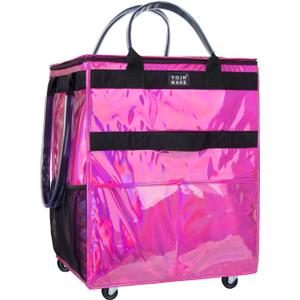 Reusable Grocery Bag with Wheels (Large, Glitter Pink), Shopping Trolley with 8 Pockets and Zipper Cover Foldable Rolling Tote for Women, Kitchen, Travel, Carries Up to 76LBS