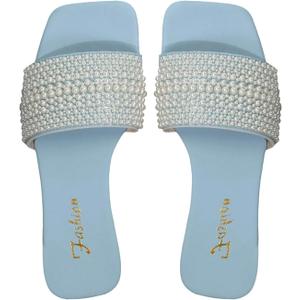 OYOANGLE Women's Pearl Decor Square Toe Sandals Leather Open Toe Flat Slip On Slides Light Blue 9.5