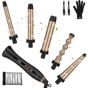 Prizm 5 in 1 Clampless Interchange Curling Iron Wand Set, LED Display, 11 Temp Settings, 0.6 to 1.25 Inch Tourmaline Ceramic Barrels, Hair Curler for Wavy/Bang/Ringlet/Spiral with Heat Resistant Glove