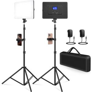 Kmasic 2 Pack Led Video Light Kit, 4000mAh Rechargeable Lithium Battery, Light Panel 2500k-8500k 2200Lux 79 inches Light Stand for Studio Photography Light Video Recording Game Live Streaming