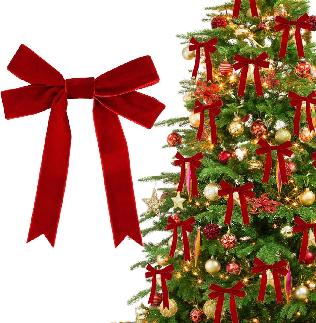 Tenn Well 24pcs Velvet Bows for Christmas Tree, Red Christmas Bow Garland with Gold Twist Ties for Xmas Ornaments, Wreaths, Garland, Gifts and Holiday Home Dcor