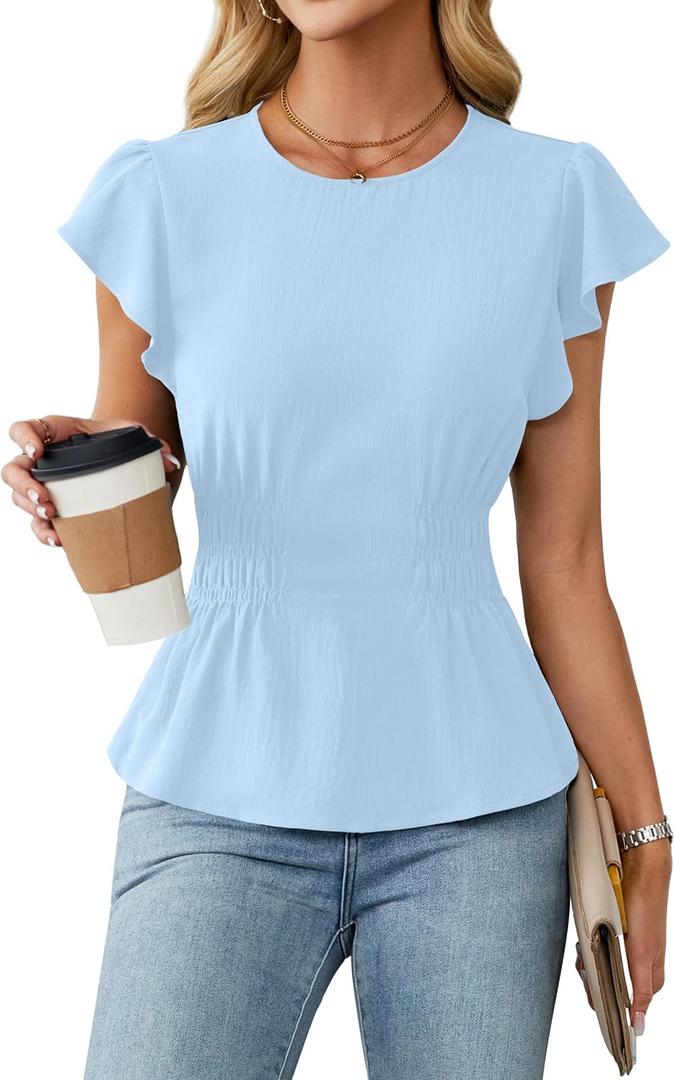 Blooming Jelly Women's Dressy Casual Blouses Business Ruffle Short Sleeve Tops Summer Crew Neck Smocked Shirts (Blue, XL)