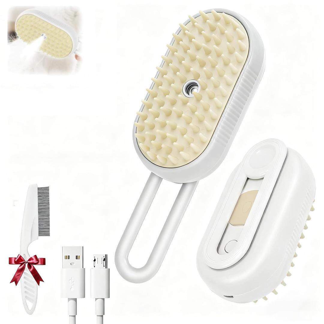 2025- New cat steam brush, 4-in-1 cat steam brush, for massaging and cleaning fallen pet hair, suitable for cats, dogs, rabbits and other pets (khaki + white) -2 pieces (white)