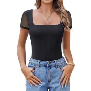 Avidlove Women's Short Sleeve Bodysuits Sexy Square Neck Body Suit Mesh Double Lined Tshirt Leotard Tops Going Out Black XXL