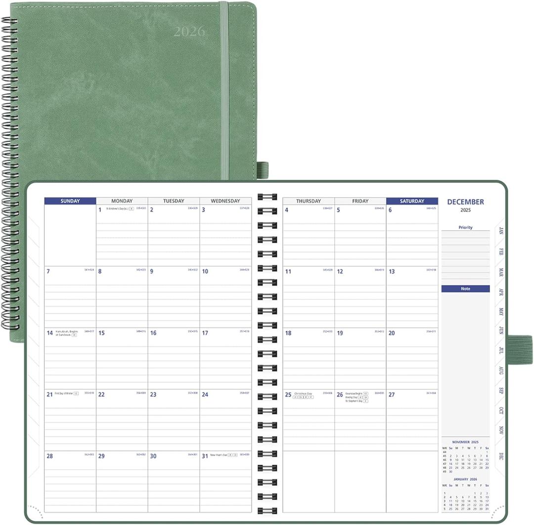POPRUN 2026-2027 Monthly Planner A4 Size, 16 Months Calendar (Dec 2025-Mar 2027), 2 Pages per Month with Dotted & Lined Note, Monthly Tabs, Spiral Softcover, 2 Inner Pockets - Midnight Green (A4 Large-8.25'' x 11.75'')