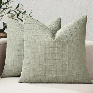 Artisanal Grid Throw Pillow Covers, Seeding Green 18x18 Inch | Heavy Textured Linen Fabric, Farmhouse Decorative Accent Pillow Cases, Thick Woven Cushion Covers for Sofa Living Room