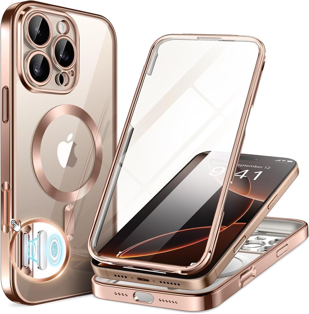 BERFY Magnetic for iPhone 16 Pro Max Case, Compatible with MagSafe, [Built-in 9H Tempered Glass Screen Protector & Upgraded Camera Protection] Full Body Plating Phone case for 16 Pro Max,Desert Gold