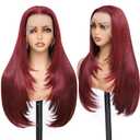 Burgundy 99j Synthetic Lace Front Wig 13x4 Layered Hairstyle Glueless Pre Plucked Straight 26 Inch for Wigs Black Women Beginner Friendly