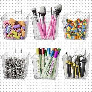 G.CORE Large Pegboard Cups Peg Board Storage Bin 6 Pack with Hooks, Square Box Shape Pegboard Cup Holder Accessories for Garage Workbench/Craft Room/Office/Playroom/Home Kitchen Organization (Clear)