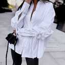 Women's Plus Size Oversized Button Down Shirt Unique Ruched Drawstring Long Sleeve Blouse Casual Loose Tunic Tops with Collar (White,3X-Large)