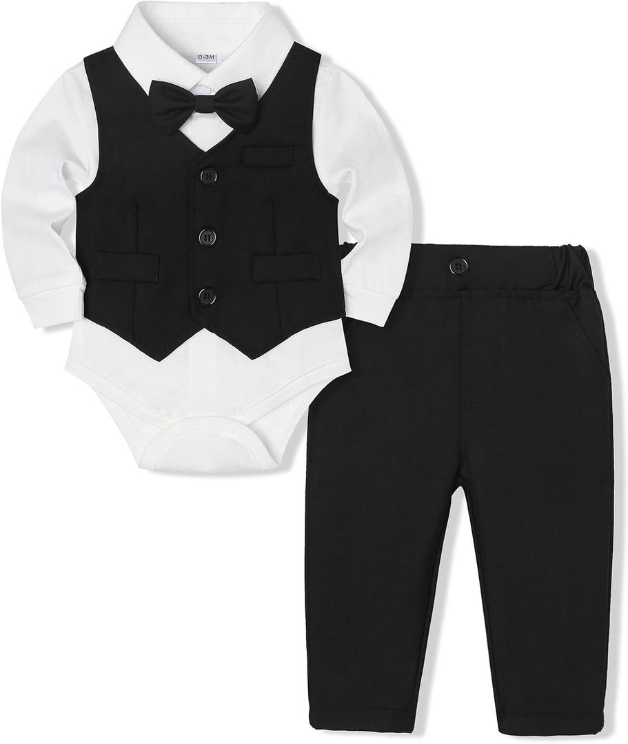 Baby Boy Clothes Suits Infant Gentleman Wedding Outfit Formal Dress Shirt Vest Bowtie Pants 4Pcs Baby Suit Sets (3-6 Months, Black)