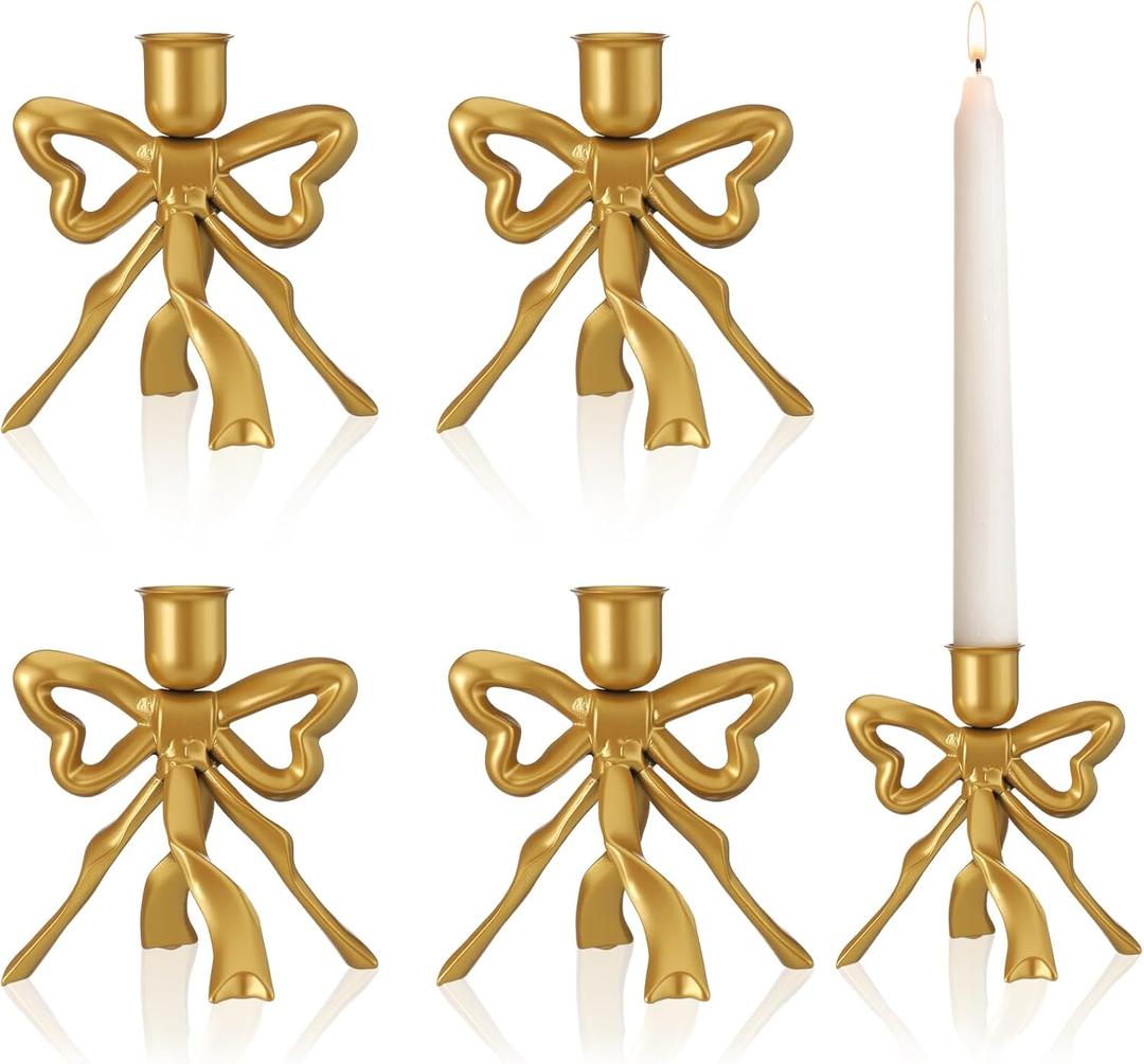 Mumufy 4 Pcs Gold Bow Taper Candle Holder Vintage Metal Candle Stick Holders Antique Brass Decorative Candlestick for Wedding Christmas Home Table Decor, 4.5" W x 4.3" H