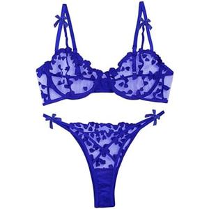 Lilosy Sexy Underwire Cute Push Up Strappy Embroidered Mesh Sheer Lingerie Set See Through Panty Bra, Size M