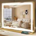 ROLOVE Gold Vanity Mirror with Lights, 32" x 22" Large Lighted Vanity Mirror with Dimmable 3 Modes, LED Makeup Mirror, USB Charging Port, Tabletop or Wall-Mounted