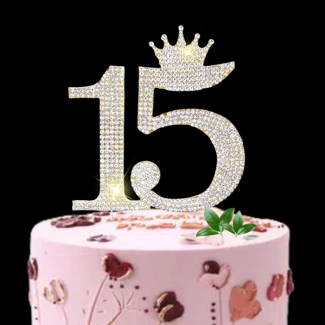15 Cake Topper, Happy 15th Birthday Cake Topper 15 Wedding Decoration 15th Anniversary Cake Topper Decoration 15 Silver Rhinestone Birthday Decoration (Gold)