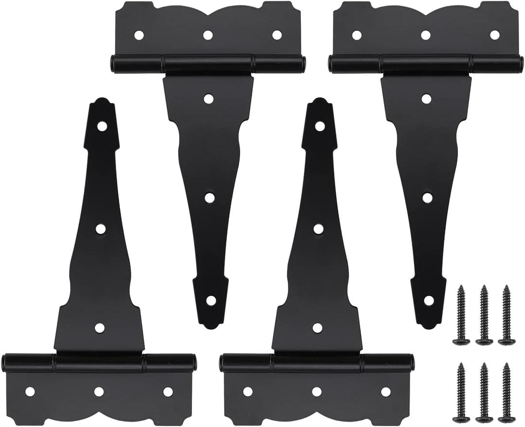 HOME MASTER HARDWARE 8 in Heavy Duty Decorative T Strap Hinge Rustproof Iron Black Gate Hinge,Tee Hinges for Storage Sheds, Gates Barns with Screws (4 Pack)