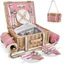 31Pcs Picnic Basket Set for 4 with Insulated Liner and Waterproof Blanket Wine Pouch, Large Wicker Picnic Hamper for Camping,Outdoor,Valentine Birthday Christmas for Couples, Red Gingham