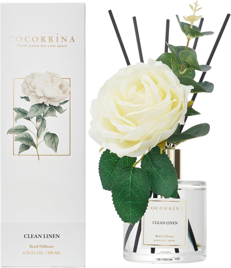 Cocorrna Flower Reed Diffuser - Clean Linen 6.7oz Scented Diffuser with Sticks Home Fragrance Essential Oil for Bathroom Shelf Decor (Artificial Flower)