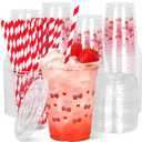 JarThenaAMCS 50Pcs Pink Bow Strawberry Disposable Plastic Cups with Lids and Straws 12Oz Cute Bowknot Strawberry Cold Beverage Drinking Cups for Summer Birthday Wedding Party Supplies, 3.9 x 2.2 x 4.3 inch