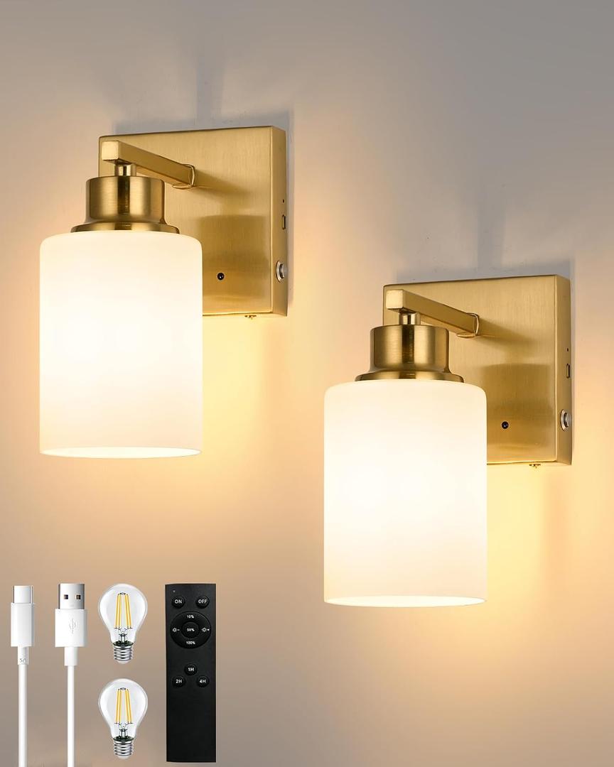 Rayogale Battery Operated Wall Sconce Set of 2, Gold Rechargeable Wall Lights with Timer Function, Easy Install Dimmable Cordless Wall Lamps Sconces Wall Decor for Living Room Bedroom Hallway, 3000K