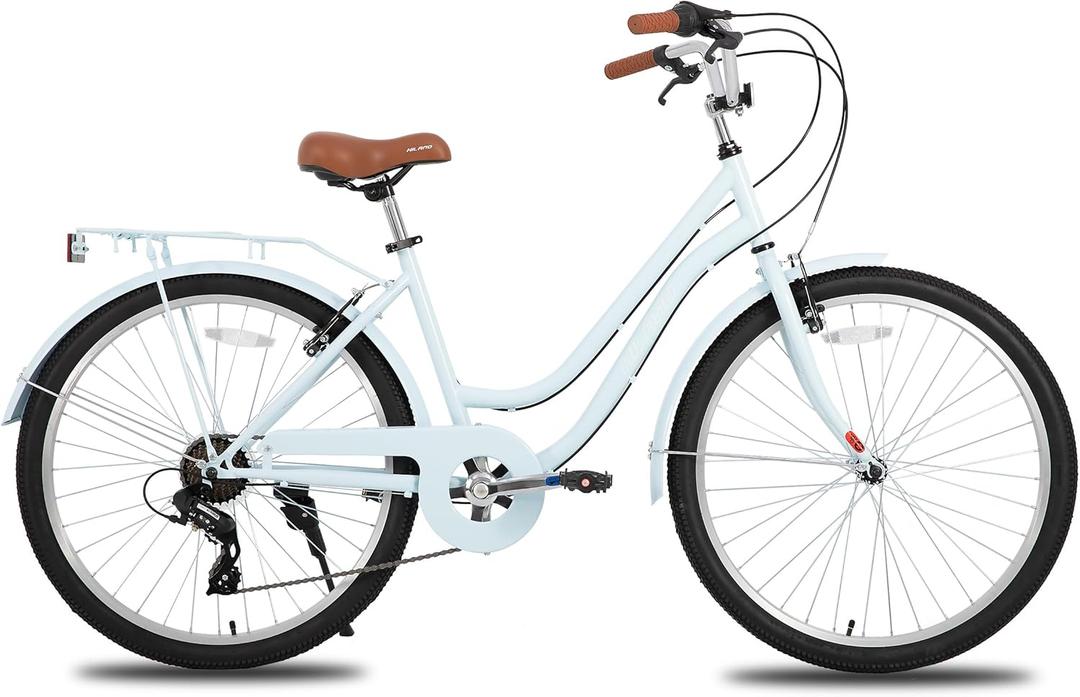 HILAND 26 in Women's Hybrid Bike for Adult, 7 Speed Step Through Hi-Ten Steel Frame City Commuter Beach Cruiser Bike, Hybrid Bicycle